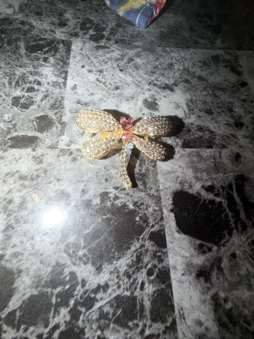 Gold Tone Dragonfly Brooch with Clear and Pink Rhinestones
